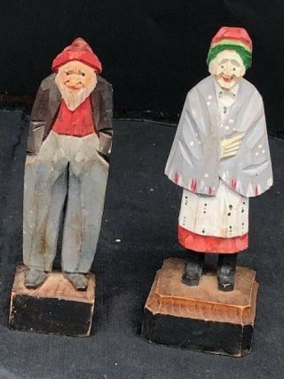 carved wood figures of fisherman and his wife early mid 1900s era 4 1/2 2