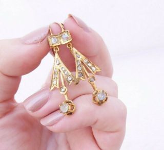 14ct Gold Rose Cut Diamond Earrings,  Large Drop 14k 585