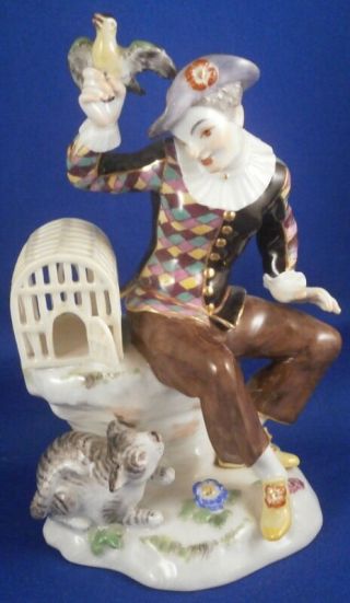 Rare Meissen Porcelain Harlequin W/ Cat Figure Figurine Porzellan Harlekin Figur