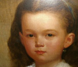 Antique 19thc American School Oil Canvas Painting Young Girl Portrait