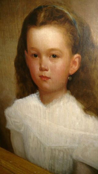 Antique 19thc American school oil canvas painting young girl portrait 2