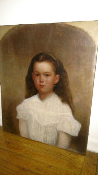 Antique 19thc American school oil canvas painting young girl portrait 7