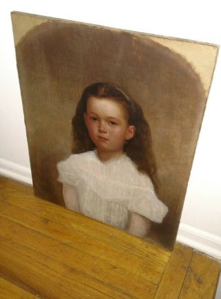 Antique 19thc American school oil canvas painting young girl portrait 8