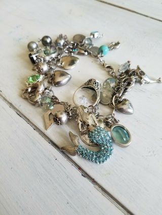 Vintage Antique Mermaid Charm Bracelet Aquamarine Sterling Silver.  925 Ring