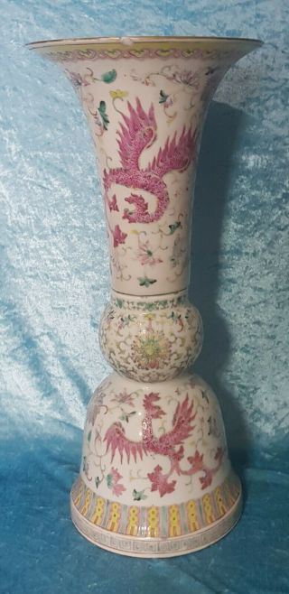 ĹARGE 18TH.  C.  ANTIQUE CHINESE HAND PAINTED PORCELAIN GU /ALTAR VASE QING DYNASTY 3