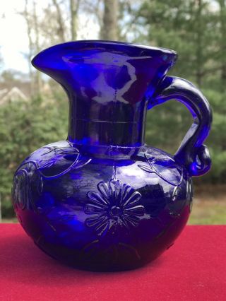Vintage Clevenger Cobalt Glass Pitcher/jug Applied Handle Daisy S.  Jersey Type