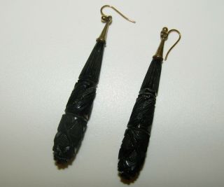 , Long,  Antique Georgian 9 Ct Gold Mourning,  Carved Whitby Jet Earrings