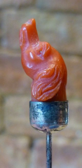 Antique Stick Pin Tie Pin - Carved Red Coral Hound Dog