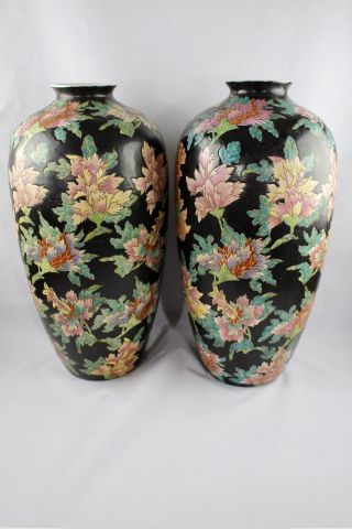 Antique Chinese Black Noire Famille Rose Floor Vases 17 1/2 