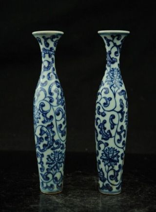 One Pair Fine Chinese Blue & White Porcelain Vase Painting Flowers B02