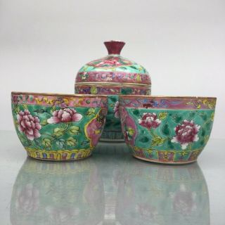 3 ANTIQUE QING DYN.  PERANAKAN NYONYA STRAITS BOWLS 19th Century 6