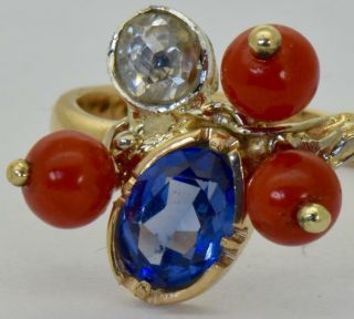 Antique Victorian Natural Red Coral,  14k Gold,  Diamond&sapphire Ring