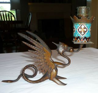 Vintage Brass Dragon / Griffin Candle Holder Ceramic Or Porcelain Detail