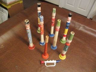 1930s 50s Childs Toys Group Of 9 Musical Wood Metal Plastic Toy Horns Germany