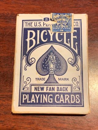 Vintage Bicycle Fan Back Playing Cards W/ Box 52,  J C.  1910s Blue Tax Stamp 808