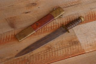 Vintage Theater Knife W Wire Wrapped Leather Handle & Sheath Marked Trench Art