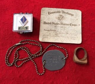 Ww2 To Korean War Usmc Marine Corps Group - Guadalcanal Ring,  Dog Tag,  Id Card