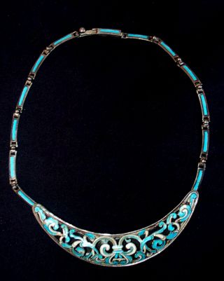 Vintage Margot De Taxco Sterling Silver Enamel Necklace Choker 5588 Old Mexican