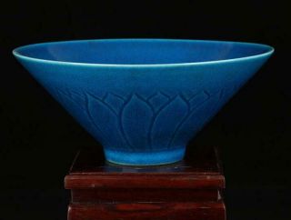 Old Chinese Handmade Blue Glaze Lotus Cameo Porcelain Bowl \ Qianlong Mark D02