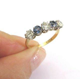 Vintage 18ct Gold Five Stone Diamond & Sapphire Ring Uk Size L 0.  6 Ct Diamonds