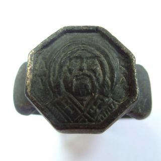 Medieval Ancient Artifact Bronze Religious Ring With Saint