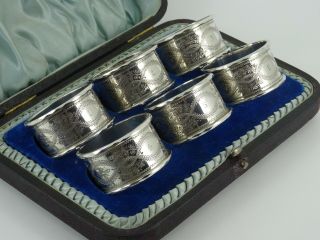 SOLID STERLING SILVER SET OF SIX NUMBERED NAPKIN RINGS BIRMINGHAM 1899 CASED 5