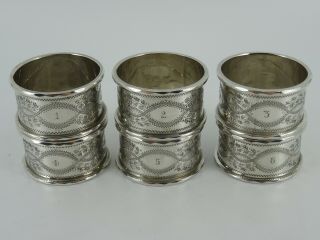 SOLID STERLING SILVER SET OF SIX NUMBERED NAPKIN RINGS BIRMINGHAM 1899 CASED 6