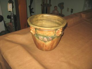 Vintage Pottery Loin Heads W/ Flowers Decorated Crock /