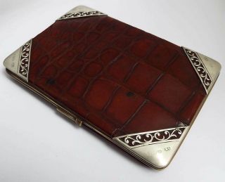 Large English Antique 1898 Solid Sterling Silver & Crocodile Skin Wallet