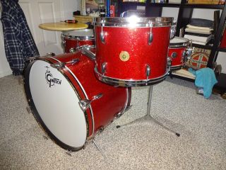 1966 Vintage Gretsch Drums Set Round Badge Red Sparkle Glitter Kit