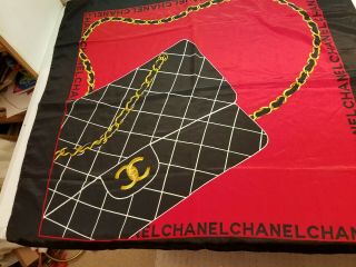 Vintage CHANEL Silk Scarf Black Red Iconic Black Quilt Purse Image 4