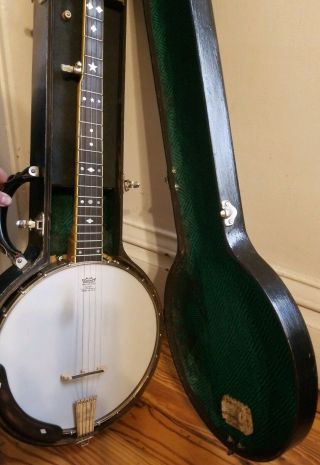 Vintage Banjo 4 String Wood Instrument Remo Weather King White Pearl Knobs