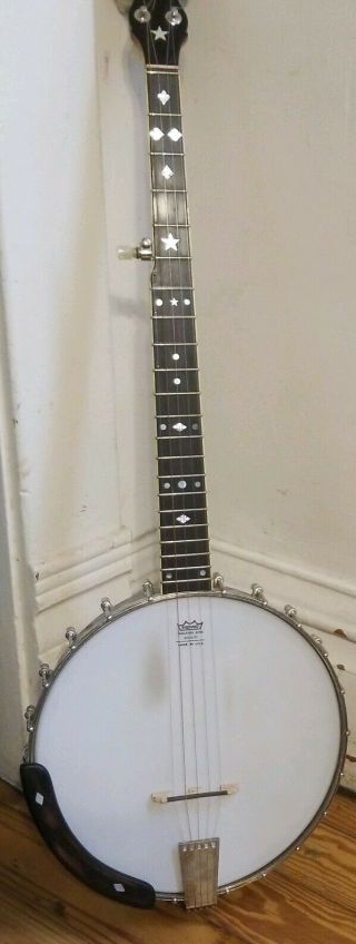 Vintage Banjo 4 string wood instrument Remo Weather king White Pearl Knobs 2