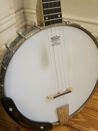 Vintage Banjo 4 string wood instrument Remo Weather king White Pearl Knobs 3