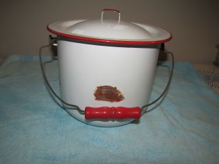Vintage Enamel/porcelainware Chamber Pot With Lid White Red Enamelware