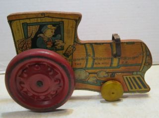Antique N.  N.  Hill Brass Co.  Paper Litho 11 " Wood Locomotive Toy Tin Wheels Jj118