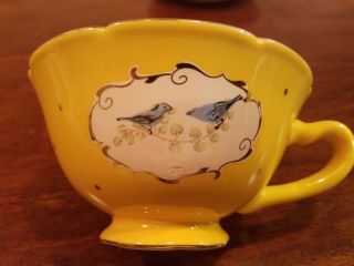 Anthropologie Yellow And Gold Bluebird Teacup And Saucer Rare & Discontinued