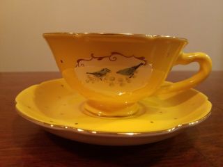 Anthropologie Yellow and Gold Bluebird Teacup And Saucer Rare & Discontinued 2