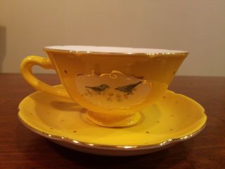Anthropologie Yellow and Gold Bluebird Teacup And Saucer Rare & Discontinued 4