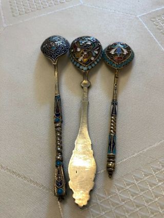 Fine Antique 3 Silver Gilt And Enamel Russian Tea/coffee Spoons