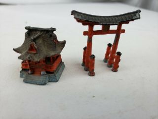 Heavy Vintage Japanese Miniature Metal Set - Pagoda / Temple (painted Pewter?)