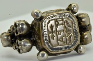 Museum Georgian Occultist Memento Mori Skulls Wax Seal Silver Ring C1780 