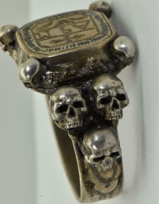 MUSEUM Georgian Occultist Memento Mori Skulls wax seal silver ring c1780 ' s.  RARE 3