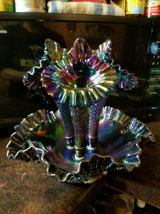 Fenton Diamond lace Plum amethyst Carnival Glass epergene vintage prelogo HTF 4