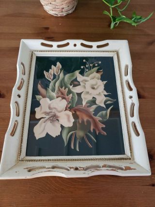 Vintage Turner Print Mid Century White Flowers Lily Wood Frame