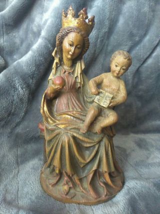 8.  5 " Vintage Hand Carved Wood Lady Virgin Mary Madonna Statue With Child Signed