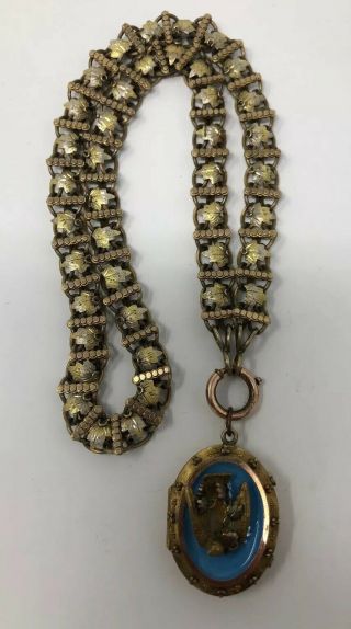 Antique Victorian Ornate Gold Filled Bookchain Leaf Necklace Bird Locket