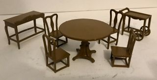 Antique Tootsietoy Metal Dollhouse Dining Room Suite - Brown.  Circa 1930s