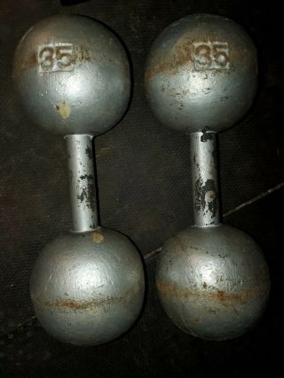 Vintage 2 X 35lb Globe Dumbbells - Strongman - Circus - Gym