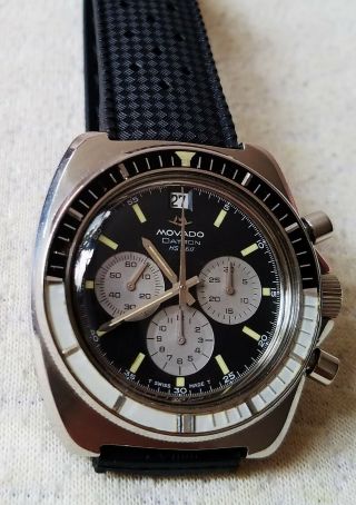 Old Big Movado Date Automatic Steel Chronograph Watch c/w Vintage Rubber Band 3